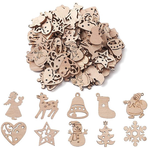 

PandaHall 100Pcs Christmas Unfinished Wooden Ornaments, Hanging Decorations, for Party Gift Home Decoration, Snowman/Star/Heart, BurlyWood..., Orange