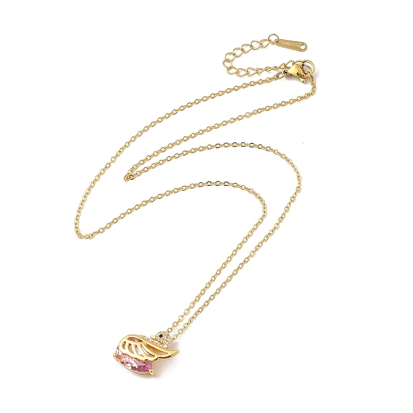 

PandaHall Pink Cubic Zirconia Pendant Necklace, Golden Brass Jewelry for Women, Wing Pattern, Wing: 17x13x7.5mm, 16.54 inch(42cm) Cubic...
