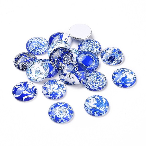 

PandaHall Blue and White Floral Printed Glass Flatback Cabochons, Half Round/Dome, Steel Blue, 20x6mm Glass Half Round Blue