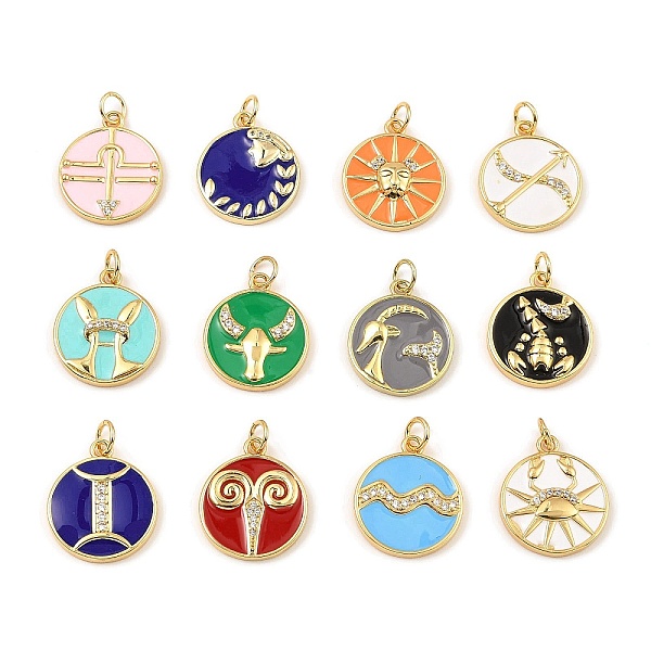 

PandaHall Brass with Enamel Cubic Zirconia Pendants, Long-Lasting Plated, Lead Free & Cadmium Free, Flat Round with Twelve Constellation..., Clear