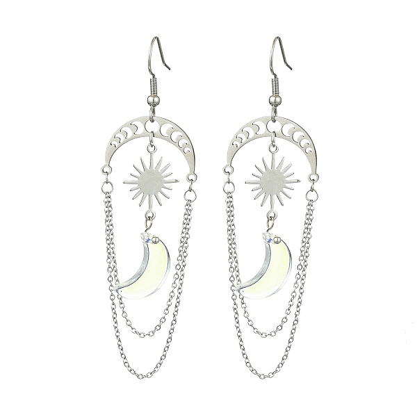

PandaHall Moon & Sun Alloy Chandelier Earrings, Glass Long Drop Earrings, Platinum, 79.5x22mm Alloy Moon