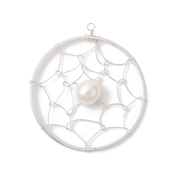 

PandaHall Natural Cultured Freshwater Pearl Pendants, Flat Round Brass Web/Net Charms, Silver, 40x35.5x6mm, Hole: 2mm Pearl Flat Round White