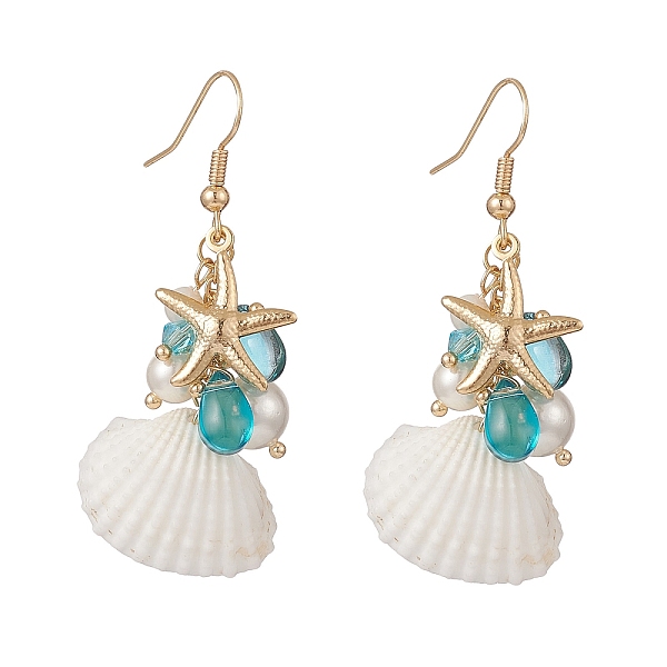 

PandaHall Shell Pearl & Glass & Starfish Cluster Dangle Earrings, Golden Brass Jewelry for Women, White, 53mm, Pin: 0.6mm Shell White