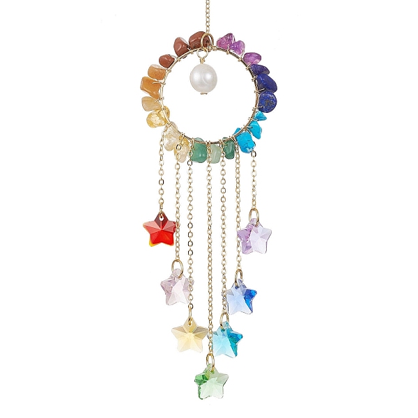 

PandaHall Glass Star Pendant Decorations, with Wire Wrapped Chakra Gemstone Chips and Natural Cultured Freshwater Pearl, for Home...