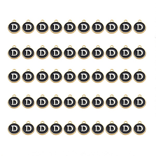 

PandaHall Golden Plated Alloy Charms, with Enamel, Enamelled Sequins, Flat Round, Black, Letter.D, 14x12x2mm, Hole: 1.5mm, 50pcs/Box...