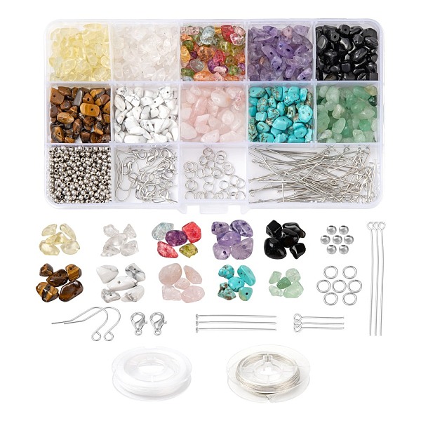 

PandaHall Mixed Stone Chip Beads Kit for DIY Jewelry Set Making, Including Gemstone Chip Beads, Zinc Alloy Clasps, Iron Jump Rings & Pins &..., Multicolor