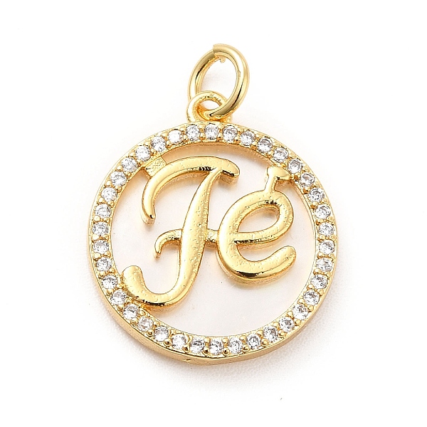 

PandaHall Rack Plating Brass Micro Pave Cubic Zirconia Pendants, with Natural Shell & Jump Rings, Flat Round with Word Fe Charm..., Clear