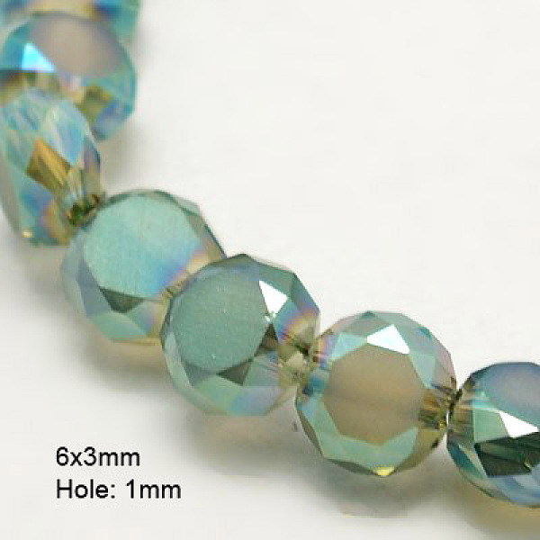 

PandaHall Electroplate Glass Beads, Half Plated, Faceted, Frosted, Flat Round, Light Sea Green, 6x3mm, Hole: 1mm Glass Flat Round Green