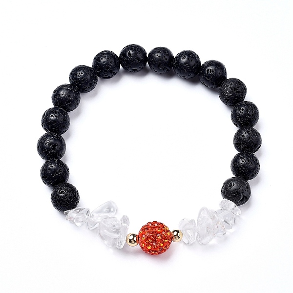 

PandaHall Stretch Bracelets, with Natural Lava Rock Round Beads & Quartz Crystal Chips Beads, Brass Beads and Rhinestone Pave Disco Ball..., Red