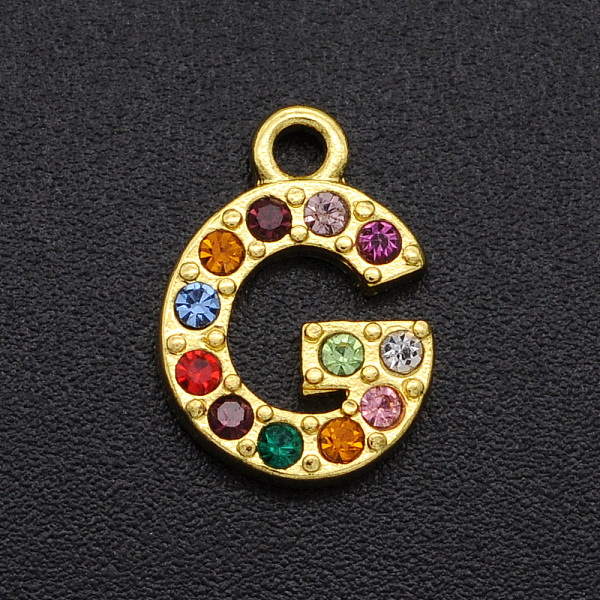 

PandaHall Alloy Rhinestone Charms, Golden, Colorful, Letter, Letter.G, 12.5x9x2mm, Hole: 1.5mm Alloy+Rhinestone Letter G Multicolor