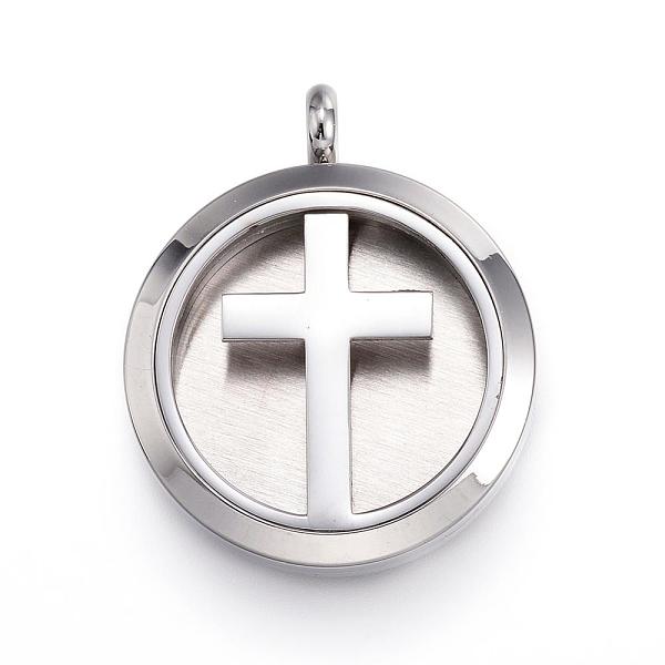 PandaHall 316 Surgical Stainless Steel Diffuser Locket Pendants, with Perfume Pad and Magnetic Clasps, Flat Round with Cross, Stainless...