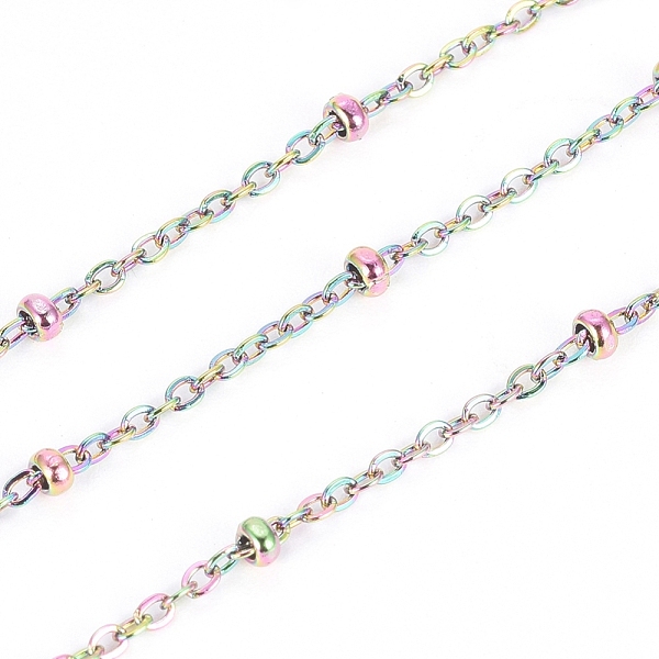 

PandaHall Ion Plating(IP) 304 Stainless Steel Cable Chains, Satellite Chains, with Spool and Beads, Soldered, Rainbow Color, 1.6x1x0.3mm...