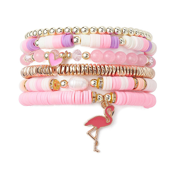

PandaHall 6Pcs 6 Style Natural Malaysia Jade & Pearl & Synthetic Hematite Beaded Stretch Bracelets Set, Polymer Clay Heishi Preppy Bracelets..., Pink