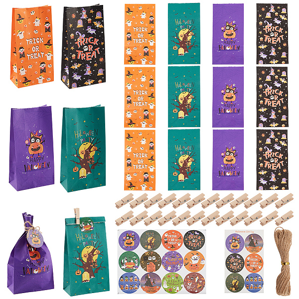 

PandaHall 24Pcs 4 Colors Halloween Paper Storage Gift Bag Sets, Rectangle Trick or Treat Pouches, with Wooden Clips, Round Dot Sealing..., Multicolor