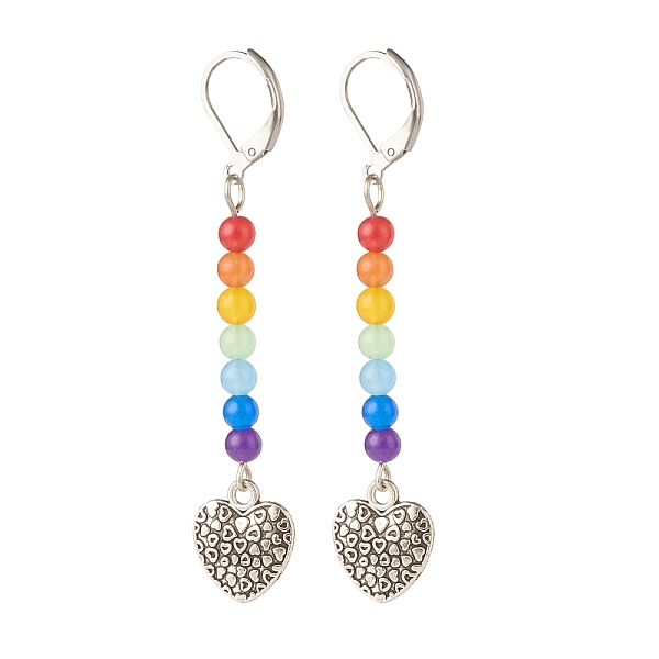 PandaHall Natural Malaysia Jade with Alloy Heart Long Dangle Leverback Earrings, 7 Chakra Gemstone Jewelry for Women, Antique Silver, 66.5mm...