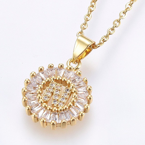 

PandaHall 304 Stainless Steel Initial Pendant Necklaces, with Cubic Zirconia, Flat Round with Letter, Golden, Letter.N, 17.71 inch(45cm)..., Clear