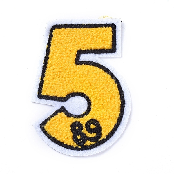 PandaHall Computerized Embroidery Cloth Sew On Patches, Costume Accessories, Appliques, Num 5, Yellow, 98x71x2mm Cloth Number Yellow