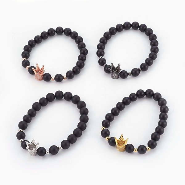 

PandaHall Natural Black Agate(Dyed) Beads Stretch Bracelets, with Brass Micro Pave Cubic Zirconia Beads, Crown, Clear, Mixed Color, 2-1/8...