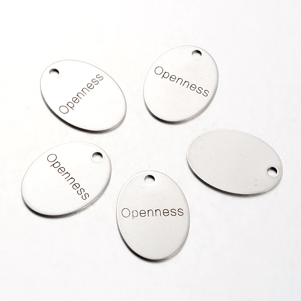 

PandaHall Spray Painted Stainless Steel Pendants, Oval with Word Openness, Stainless Steel Color, 30x22x1mm, Hole: 3mm Stainless Steel Oval