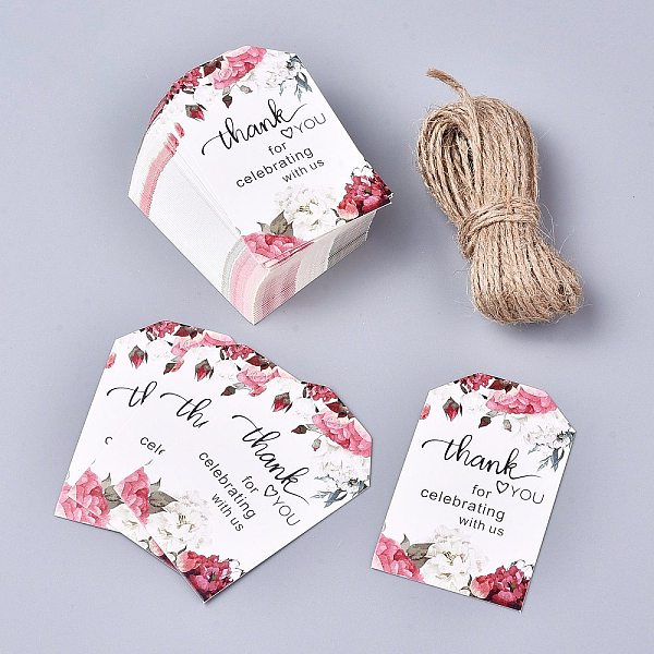 

PandaHall Thank You for Celebrating with Us Paper Gift Tags, Hang Tags, with Jute Twine, for Wedding/Thanksgiving, Rectangle with Flower..., Red