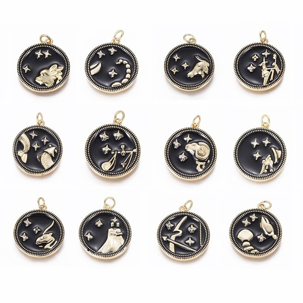 

PandaHall Brass Micro Pave Cubic Zirconia Pendants, with Enamel and Jump Ring, Flat Round with 12 Constellations, Golden, Random Mixed..., Clear