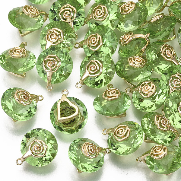 

PandaHall Valentine's Day Glass Pendants, with Light Gold Plated Brass Ice Pick Pinch Bails, Faceted, Flat Round with Rose & Heart, Pale..., Green