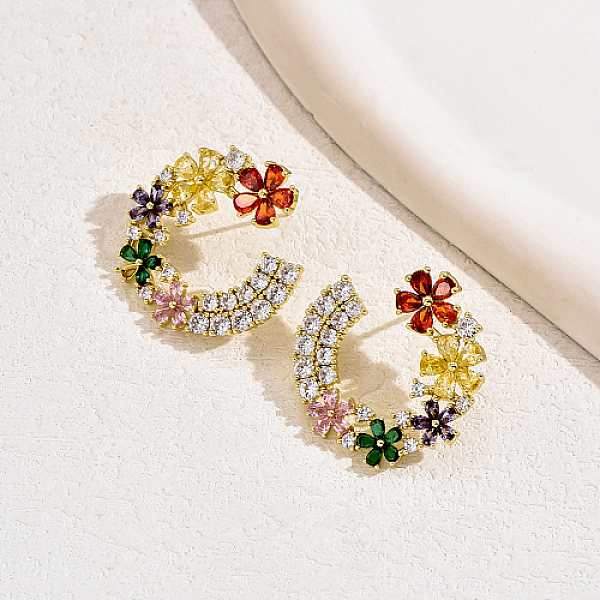 

PandaHall Brass Pave Cubic Zirconia Flower Stud Earrings for Women, Real 18K Gold Plated, Colorful, 28mm Cubic Zirconia Flower