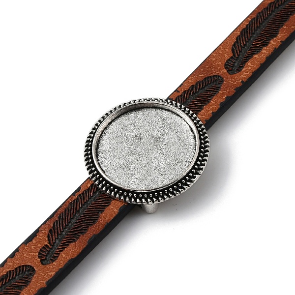 

PandaHall Alloy Flat Round Link Bracelet Settings fit for Cabochons, with Feather Pattern PU Leather Cords, Antique Silver, 8 inch(20.3cm)...