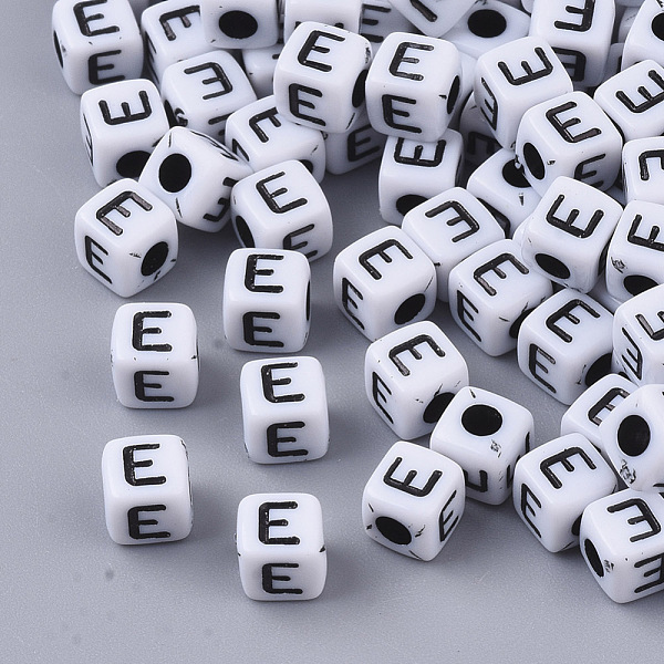 

PandaHall White Opaque Acrylic Beads, Horizontal Hole, Cube with Black Alphabet, Letter.E, 4~5x4~5x4~5mm, Hole: 1.8mm, about...
