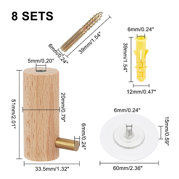 

PandaHall Beechwood Hook Hanger, with Iron Screws & Plastic Plugs, Round, Tan, 3.9~5.1x1.2~6x1~6cm, 4pcs/set Wood Orange