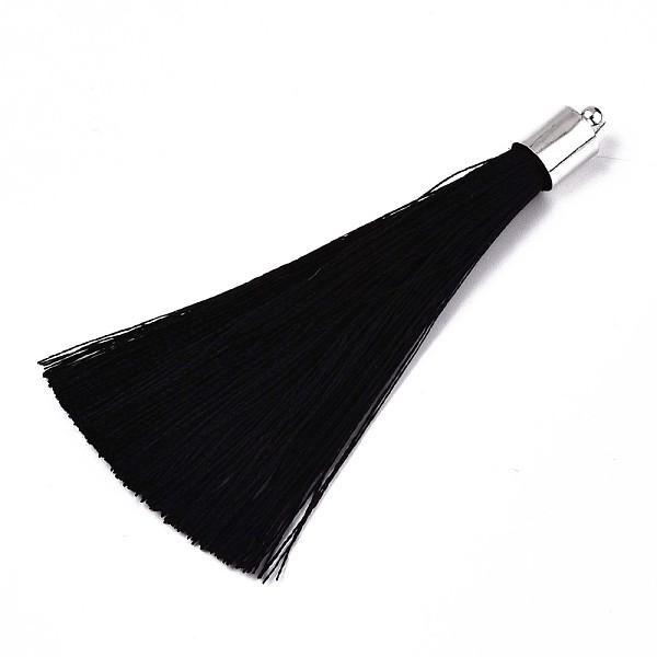 

PandaHall Fiber Tassel Big Pendant Decorations, with Platinum Plated Brass Finding, Black, 70~73x7~25mm, Hole: 1.8mm Fibre Black