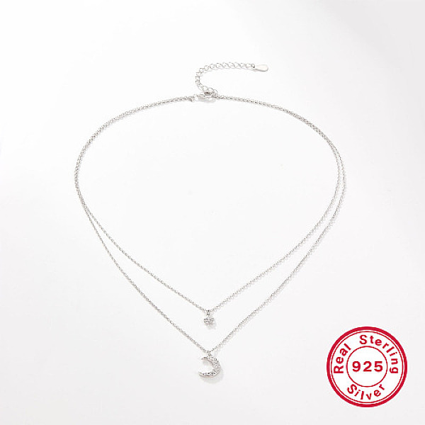 

PandaHall Rhodium Plated 925 Sterling Silver Double Layer Necklaces, Moon & Star Cubic Zirconia Pendants Necklace, Platinum, 15.35 inch..., Clear