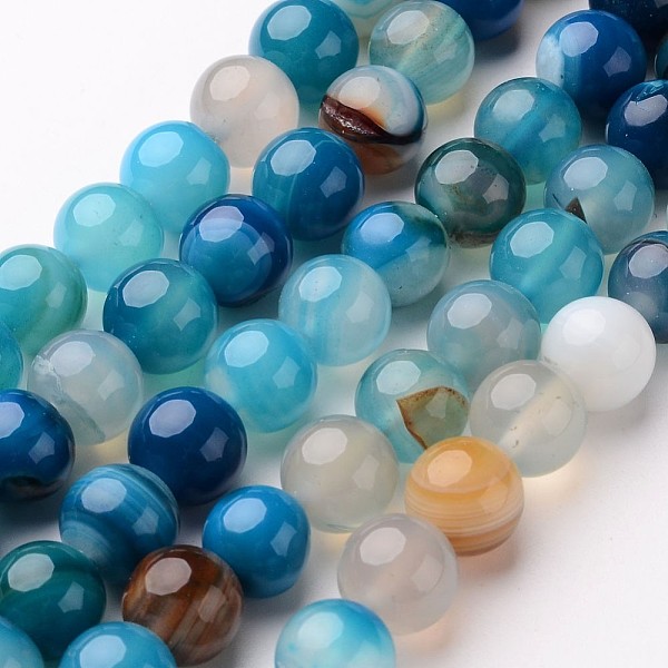 natural striped agate/banded agate beads strands, round, dyed & heated, deepsky blue, 8mm, hole: 1mm; about 48pcs/strand, 14.1inches