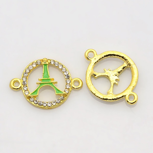 

PandaHall Golden Tone Alloy Enamel Rhinestone Multi-stone Links connectors, Ring with Eiffel Tower, Lime, 25x18x3mm, Hole: 2mm Alloy..., Green