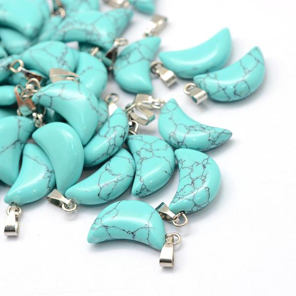 

PandaHall Moon Dyed Synthetic Turquoise Pendants, with Platinum Tone Brass Findings, 21~24x12~14x5~6mm, Hole: 2x7mm Synthetic Turquoise Moon