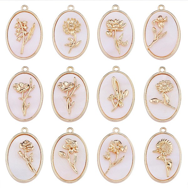 

PandaHall 12Pcs 12 Styles Brass Birth Floral Pendants, Oval with Flower Mother of Pearl White Shell Charms, Real 18K Gold Plated, Mixed...