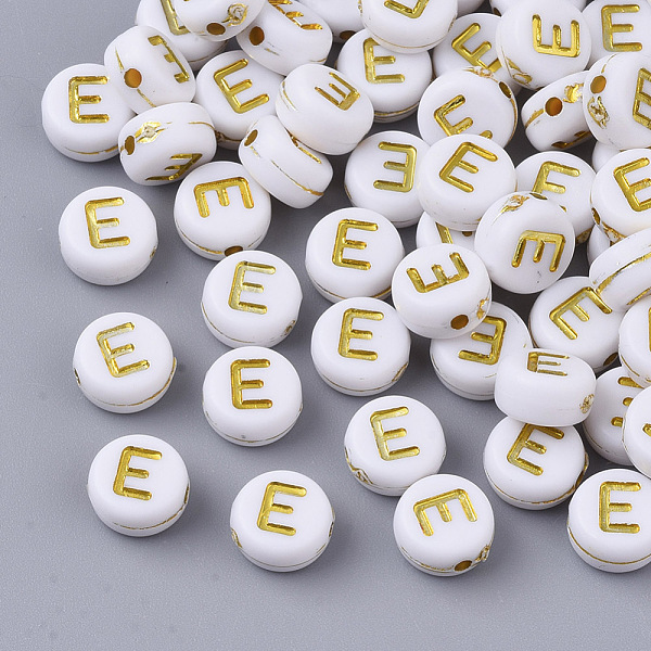 

PandaHall Plating Acrylic Beads, Golden Metal Enlaced, Horizontal Hole, Flat Round with Alphabet, White, Letter.E, 7x3.5mm, Hole: 1.2mm...