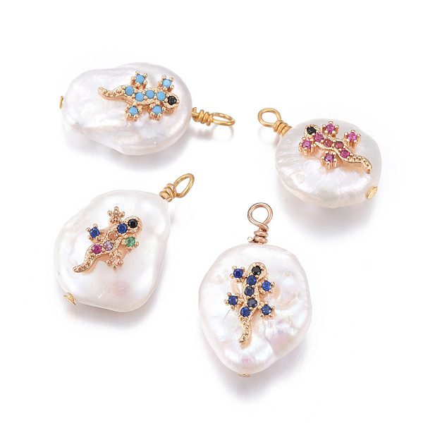

PandaHall Natural Cultured Freshwater Pearl Pendants, with Brass Cubic Zirconia Findings, Nuggets with Gecko, Golden, Mixed Color..., Multicolor