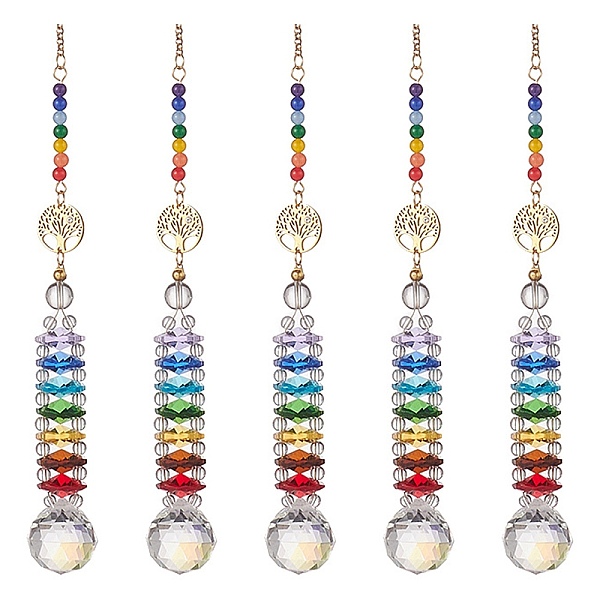 PandaHall Glass Teardrop Window Hanging Suncatchers, with Malaysia Jade & Quartz Crystal & 7 Chakra Glass Beads, Tree of Life Pendants...