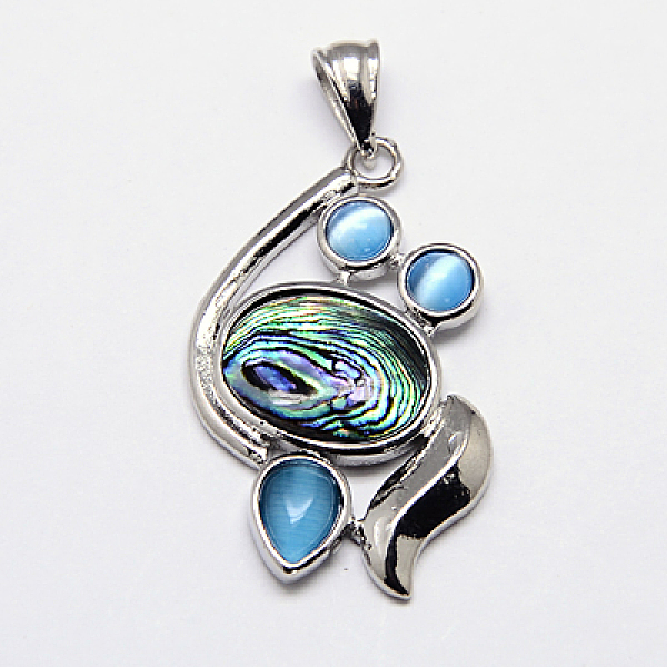 

PandaHall Abalone Shell/Paua Shell Pendants, with Brass Pendant Settings and Cat Eye Cabochons, Oval, Platinum Metal Color, Colorful...