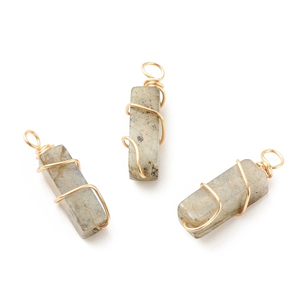

PandaHall Natural Labradorite Pendants, with Golden Tone Copper Wire Wrapped, Cuboid, 19~20x6x6mm, Hole: 2.5~3mm Labradorite Cuboid