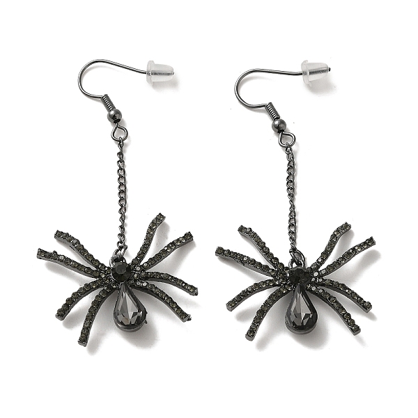 

PandaHall Halloween Alloy Dangle Earrings, with Glass Rhinstone, Spider, Gunmetal, 63x30.5mm Alloy Spider