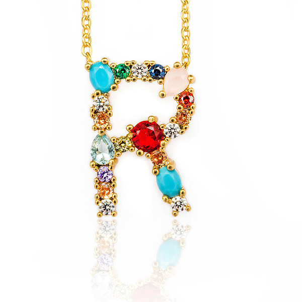 

PandaHall Golden Brass Micro Pave Cubic Zirconia Initial Pendants Necklaces, with Cable Chains, Colorful, Letter, Letter.R, 17.9~18.1 inch...