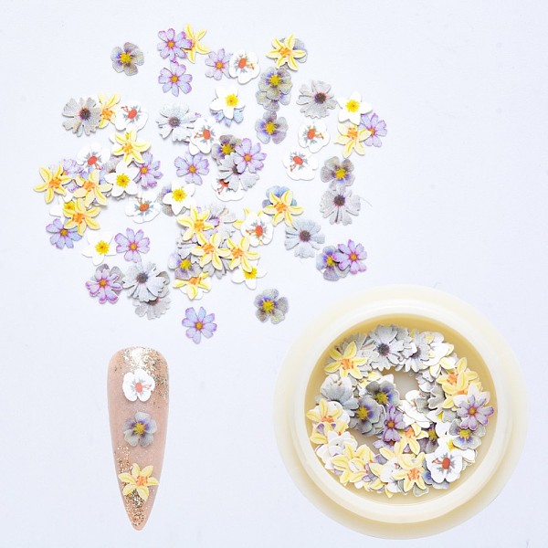 

PandaHall Paper Cabochons, Nail Art Decorations, Flower, Colorful, 4~8x4~8x0.1mm, about 50pcs/box Paper Flower