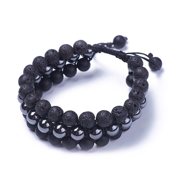 

PandaHall Adjustable Non-Magnetic Synthetic Hematite Braided Bead Bracelets, with Natural Lava Rock, Natural Black Agate Beads and Nylon...