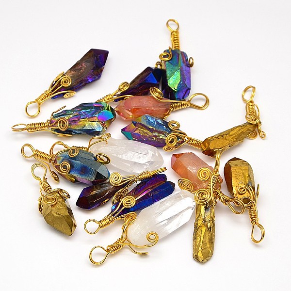 

PandaHall Electroplate Golden Wire Wrapped Gemstone Natural Crystal Pendants, Nuggets, Mixed Color, 34~51x10~16x5~10mm, Hole: 4~5mm Quartz..., Multicolor