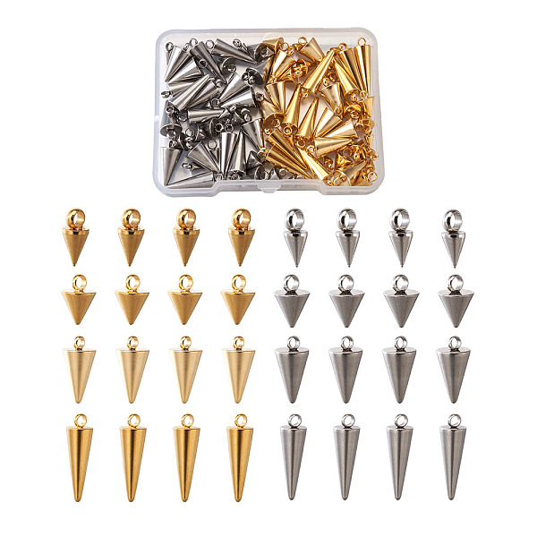 

PandaHall Fashewelry304 Stainless Steel Pendants, Spike/Cone, Golden & Stainless Steel Color, 80pcs/box Stainless Steel Cone
