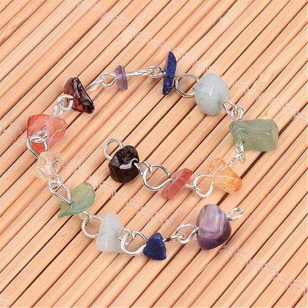 

PandaHall Chakra Handmade Gemstone Chip Beaded Brass Chains for Necklaces or Bracelets Making, Unwelded, Silver Color Plated, 39.37 inch...