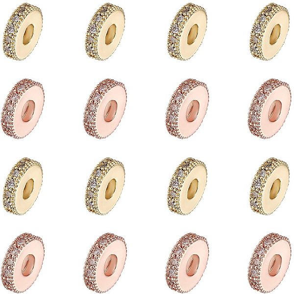 

PandaHall 16 Pcs 2 Colors Brass Cubic Zirconia Spacer Beads Flat Round Micro Pave CZ Beads Rondelle Rhinestone Beads for Jewelry Making..., Clear