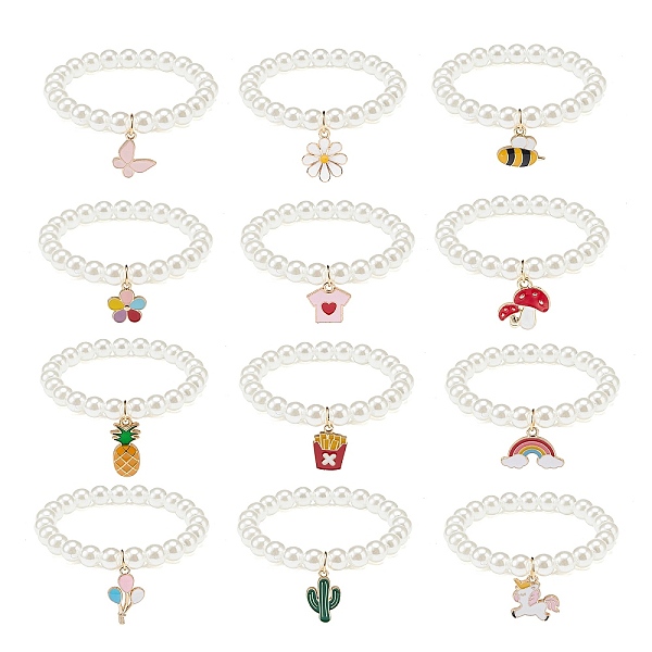 

PandaHall 12Pcs 12 Style ABS Plastic Pearl Round Beaded Stretch Bracelets Set, Butterfly & Pineapple & Rainbow & Unicorn Alloy Enamel Charms..., Multicolor